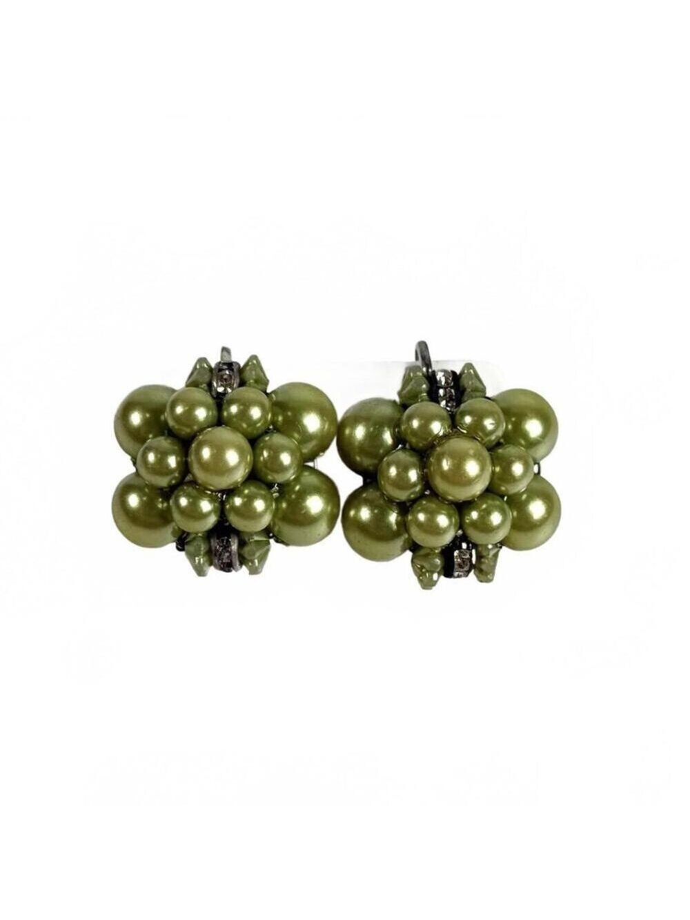 Vintage Green Faux Pearl Cluster Screwback Earrings Mid Century Floral